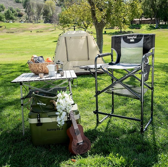 SUNNYFEEL Tall Camping Directors Chair Portable Folding Artist Makeup Chair with Side Table Pocket Footrest Heavy Duty for BeachTripPicnicConcert Outdoor Foldable Camp Lawn Chairs