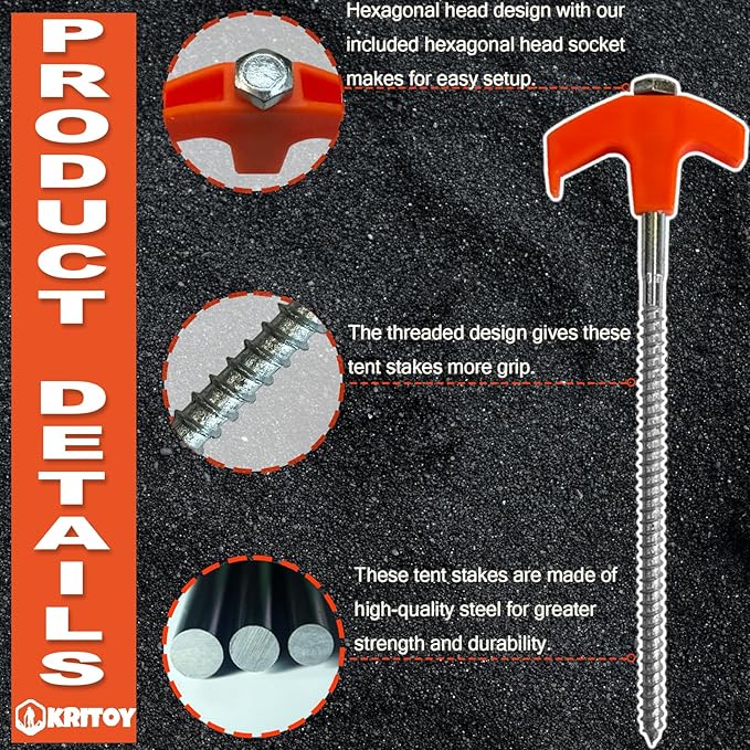 30 Pack Tent Stakes Heavy Duty - 8 Screw in Tent Stakes - Ground Anchors Screw in - Tent Pegs Camping Stakes - Metal Threaded Tent Spikes with 1 Hex Head Driver 1Stopper T Pull Hook and Storage Bag