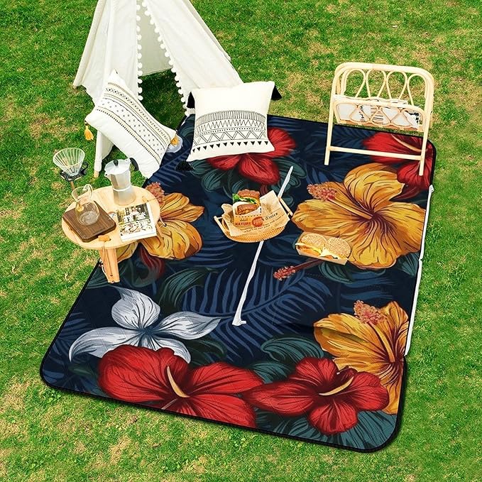 Zipper Realistic Hawaiian Flowers Style Picnic Mat Suitable for Travel Camping Park Or Home Use