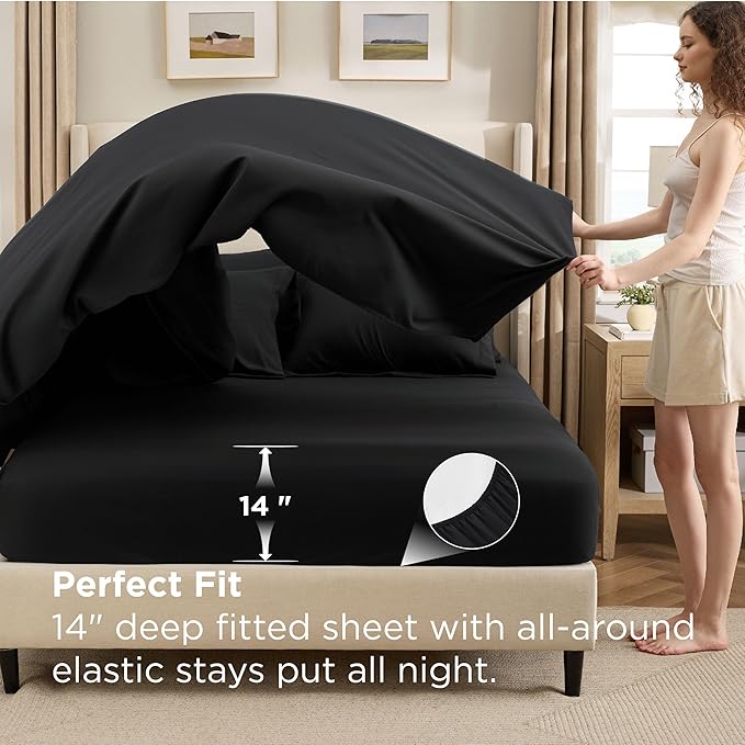 Bedsure Premium Series 7 Piece Black Full Comforter Set Goose Down Alternative All Season Medium Warmth Soft Hotel Luxury Bed in a Bag Safe for Sensitive Skin Includes Sheets Pillowcases &amp Sh
