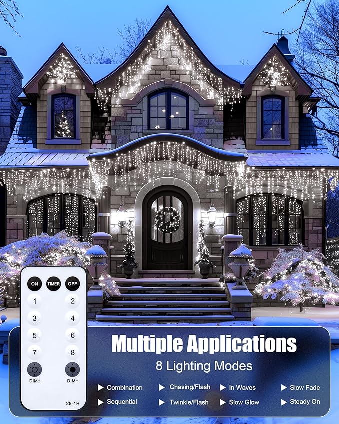 Minetom Icicle Lights for Outside 100Ft 832 LED White Christmas Lights with 156 DropsChristmas Icicle Light with Remote and Timer for House Roof Pure White