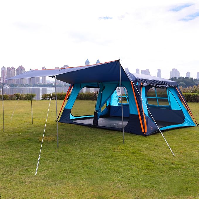 KTT Extra Large Tent 12 Person(A)Awning Family Cabin Tents2 Rooms4 Doors and 4 Windows with MeshStraight WallWaterproofDouble LayerBig Tent for OutdoorPicnicCampingFamily Gathering。