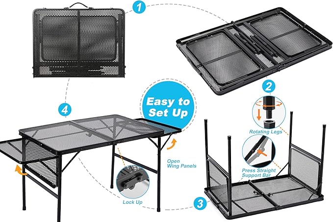 Large Folding Camping Table - Metal Mesh Grill Table with 2 Wing Panels | 2 Adjustable Heights | Large Picnic &amp Outdoor Table | Expandable Shelves Lightweight (4.4 FT Black)