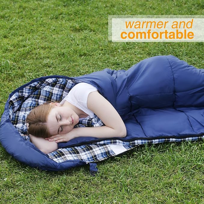 REDCAMP Flannel Sleeping Bag for Adults Comfortable Cotton Sleeping Bags for Camping with Detachable Hood Red/Grey/Blue/Black
