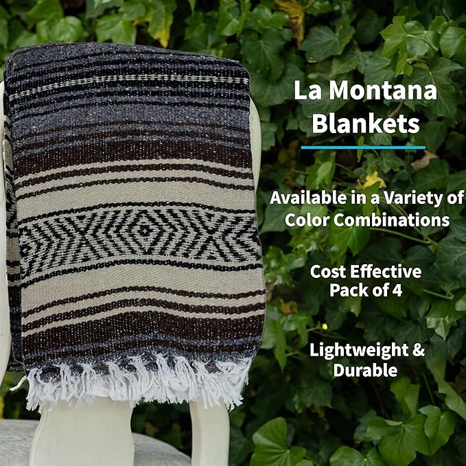 La Montana Mexican Blankets and Throws 4 Pack 74x50 - Made in Mexico Lightweight Yoga Blanket for Schools Studios Outdoors Camping Picnic Decor (Dark Brown/Tan/Charcoal)