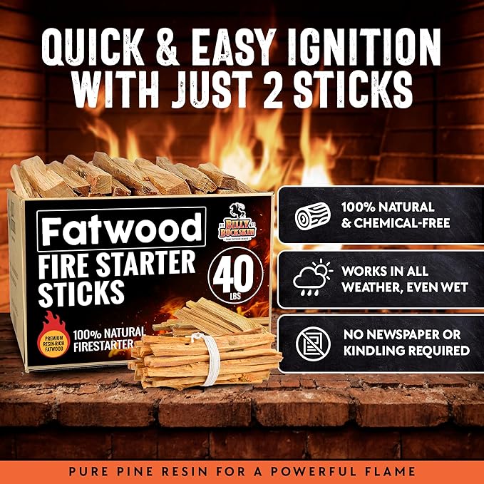 40lb Fatwood Fire Starter Sticks | 100% Natural Fire Starters for Grill Campfire Wood Stoves Bonfires | Easy Firestarter w/Just 2 Sticks in All Weather Conditions by Billy Buckskin (40lb Box)