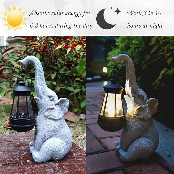 Elephant Solar Garden StatuesResin Elephant Figurine Decorations with Solar Lights Lantern Outdoor Figurines Lawn Garden Statue Decor Art for LawnYard Balcony Ornament.