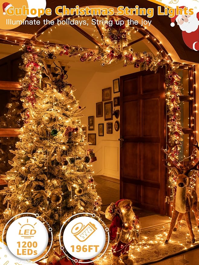 Christmas String Lights 1200LED 196FT 8 Modes Dimmable Fairy Lights with Remote and Timer Waterproof Christmas Lights for Festive Decoration Indoor Wedding Party Holiday (Warm White)