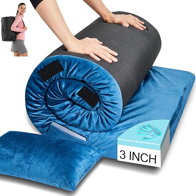 3 Inch Memory Foam Camping Mattress Pad Dual Layer Thick Sleeping Camp Mat for Sleepover Car Tent Portable Roll Up Mattress for Adults with Travel Bag