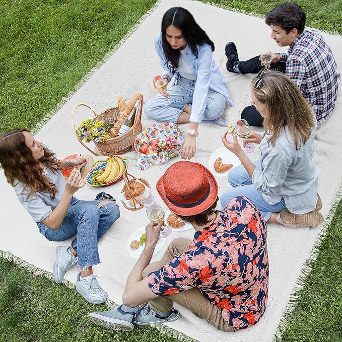 91x 71 in Extra Large Outdoor Picnic Blanket with Waterproof Mat Oversize Beach Woven Cotton Yarn Blanket with Fringe Machine Sandproof for Spring Summer Camping Beach Park(BohoWhite)