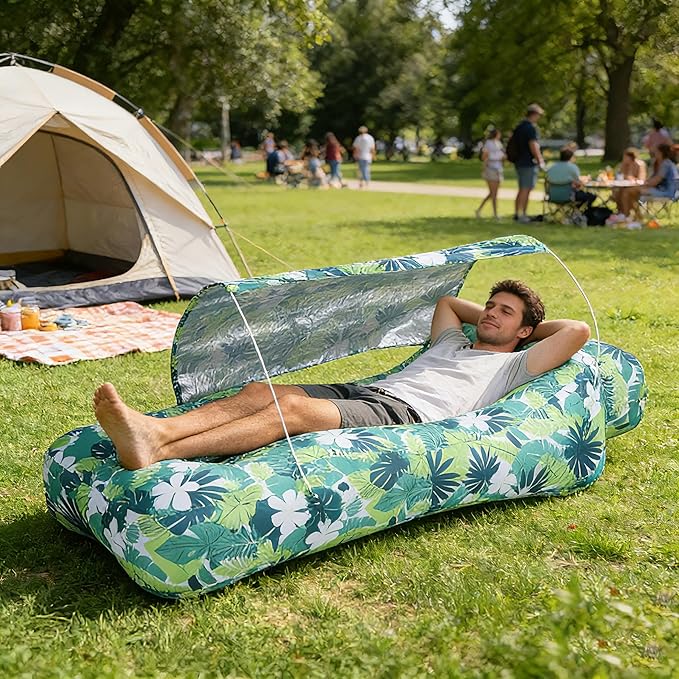 Inflatable CouchAir Sofa with Sun-Shade DesignBuilt-in StorageRipstop Polyester&ampStability PegsPortable Air Lounger for BeachCampingEasy to Carry2 Inflation Ways(Included Pump)Leaf Green