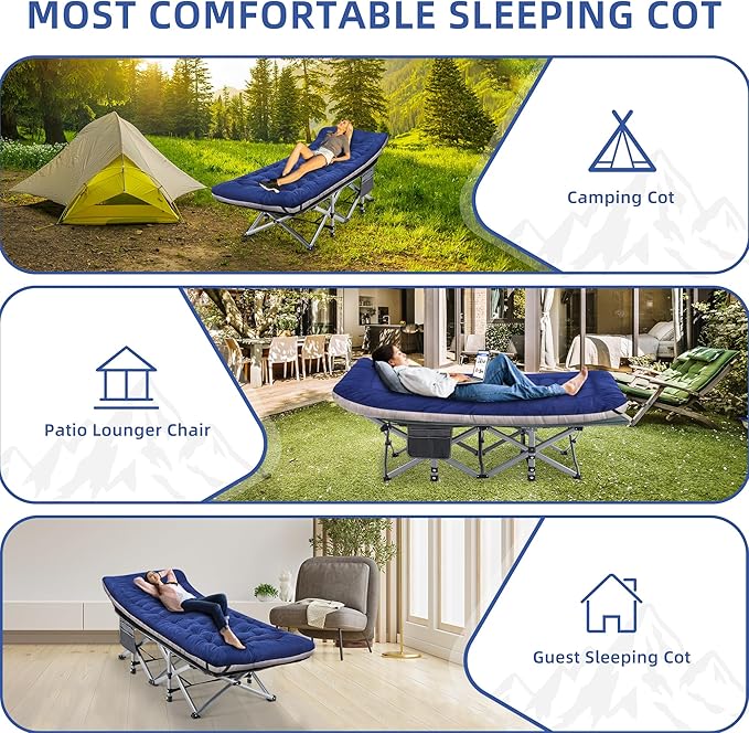 Camping Cot Sleeping Cots Portable Camping cots with Cushion Pillow and Carry Bag 1200D Double Layer Oxford 600 LBS Weight Capacity Cots for Sleeping (Blue)