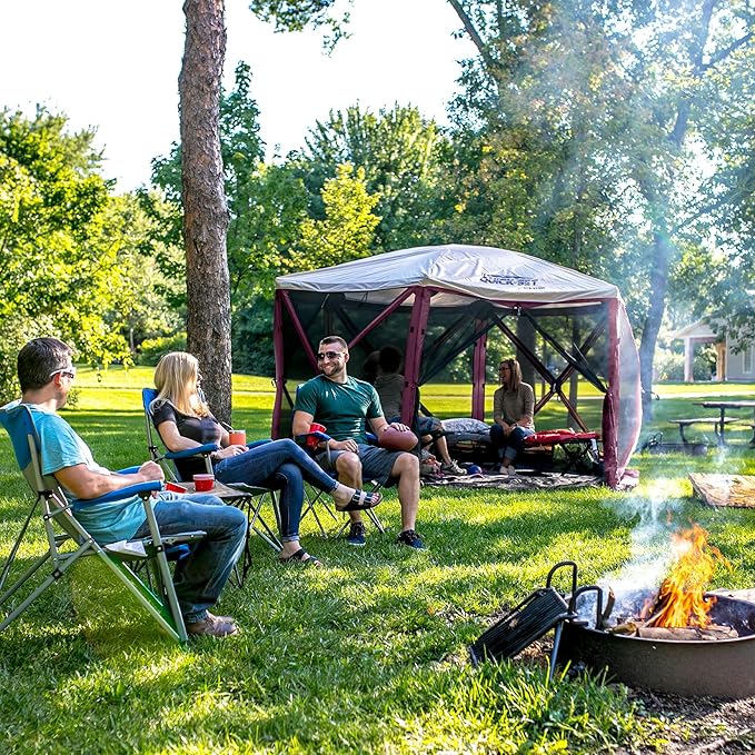CLAM Pop-Up Screen Tent 11.5' Outdoor Camping Gazebo Portable 6-Sided Canopy with Ground Stakes &amp Carry Bag Escape Plum