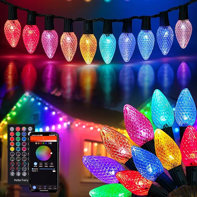 Dazzle Bright Smart C9 Christmas Outdoor Lights 100 LED 66 FT RGB String Light with Remote App Control Music Sync Connectable Waterproof Xmas Lights for Holiday Tree Patio Roof Decor