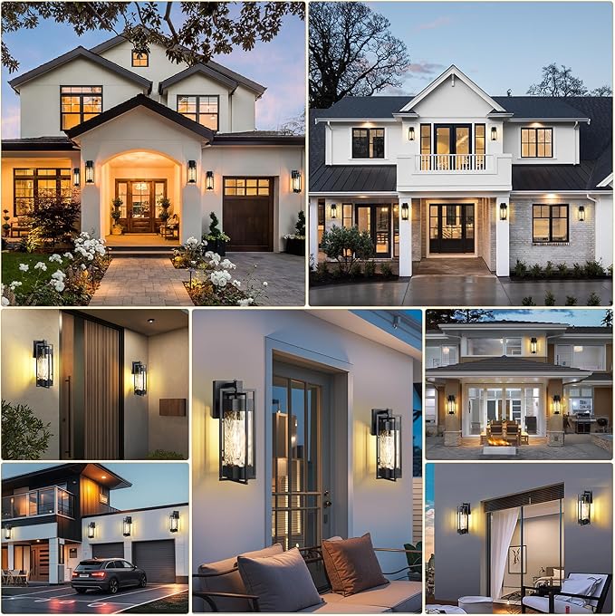 2-Pack Wall Lights Dusk to Dawn Outdoor Lighting Modern Outside Waterproof Porch Lights with Photocell SensorExterior Light Fixtures with Water Glass for Doorway Garage(Bulb Included)