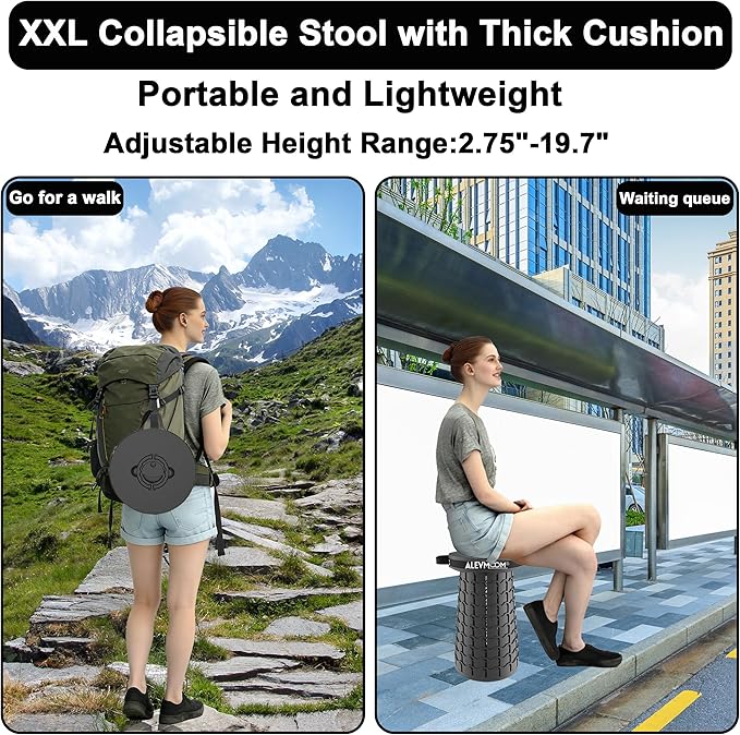 ALEVMOOM Upgraded 19.7 XXL Collapsible Stool with Cushion Portable Telescoping Stool Capacity 1000lbs Heavy Duty Retractable Folding Chair for Adults for Camping Fishing Hiking BBQ