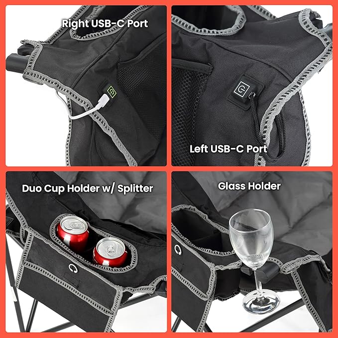 ARROWHEAD OUTDOOR 57 Wide Duo Foldable Heated Camping Loveseat Chair with 3-Stage Heating Large Cup Holders Glass Holders Side Pockets and Storage Pouches