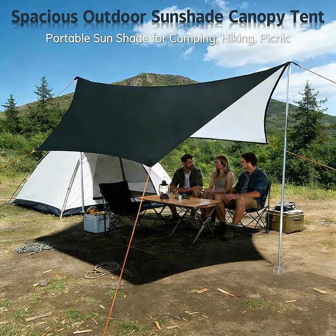 Camping Tent Tarp with Thickened Stainless Steel Bracket - PU 20000mm+ Waterproof Rain Shelter UPF2000+ Anti-UV Camping Canopy Portable Sun Shade for Camping Hiking Picnic