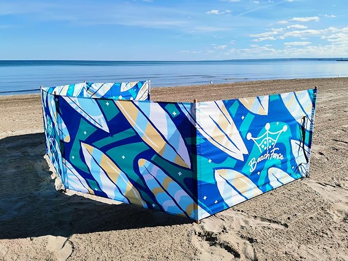 Premium 20 ft Beach Windscreen Privacy Screen Wind Blocker Free Rubber Mallet and Carry Bag Included (Surfs Up)