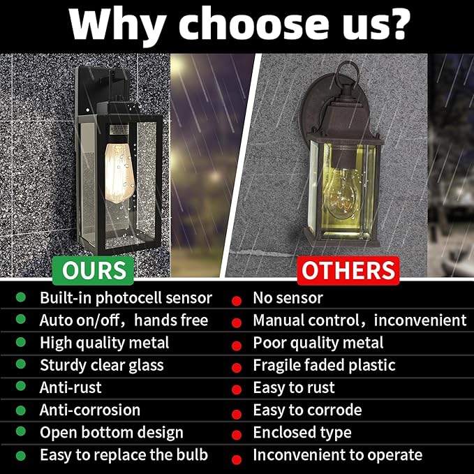 12 Inch Outdoor Wall Lights Dusk to DawnExterior Sconce Lights with Sensor Photocell Black Wall Lantern for Porch Patio Garage Dusk to Dawn Outdoor Lighting
