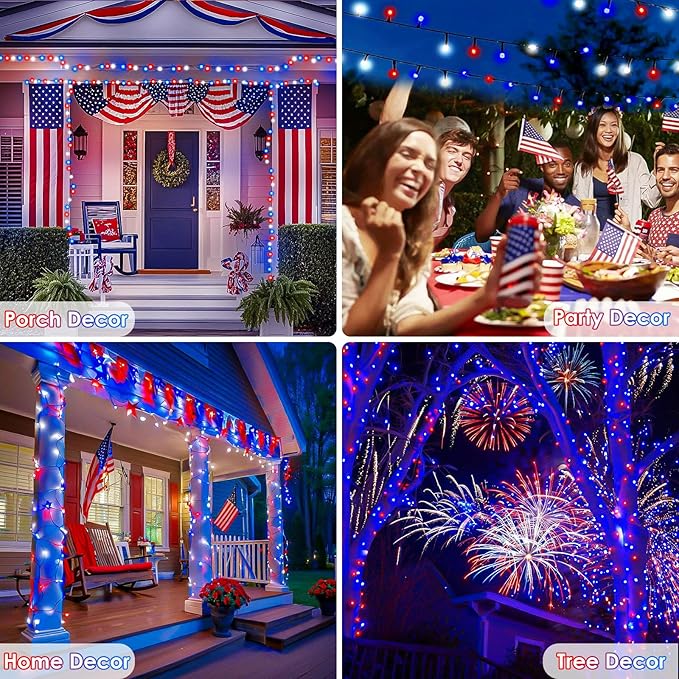 4pk Solar Christmas Lights Outdoor Red White and Blue Solar String Lights 400LED 132FT LED 4th of July Light Waterproof Solar Fairy Twinkle Light for Xmas Tree Independence Day Party Decorations