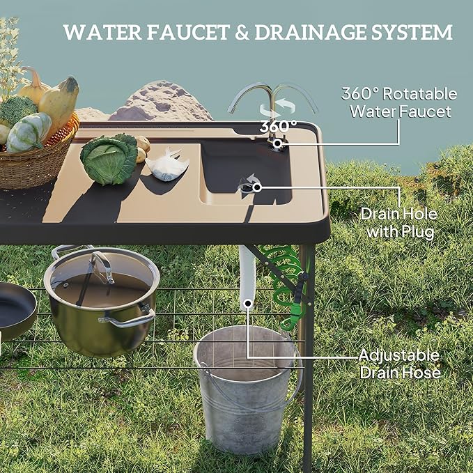 Outsunny Folding Fish Cleaning Table Portable Camping Sink Station with Faucet Drainage Hose Sprayer Grid Rack and Knife Groove Outdoor Fillet Table for Picnic Beach Patio Tan