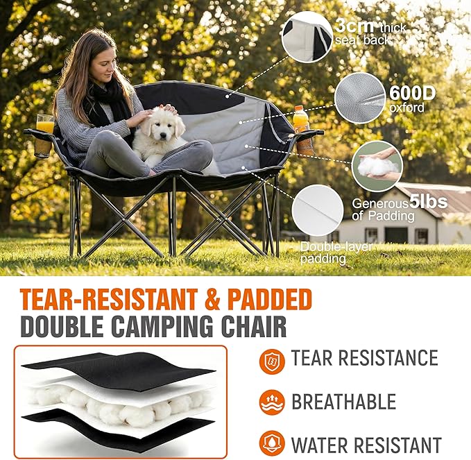SunSettler Double Camping Chairs High Back Double Camp Chair Oversized Camping Chair Camping Couch with Cup Holders Carry Bag