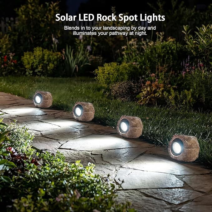 Solar Rock Lights 4 Pack Solar Powered Waterproof LED Spotlights Decorative for Outdoor Garden Pathway Walkway Yard Landscape Patio (Cool White)