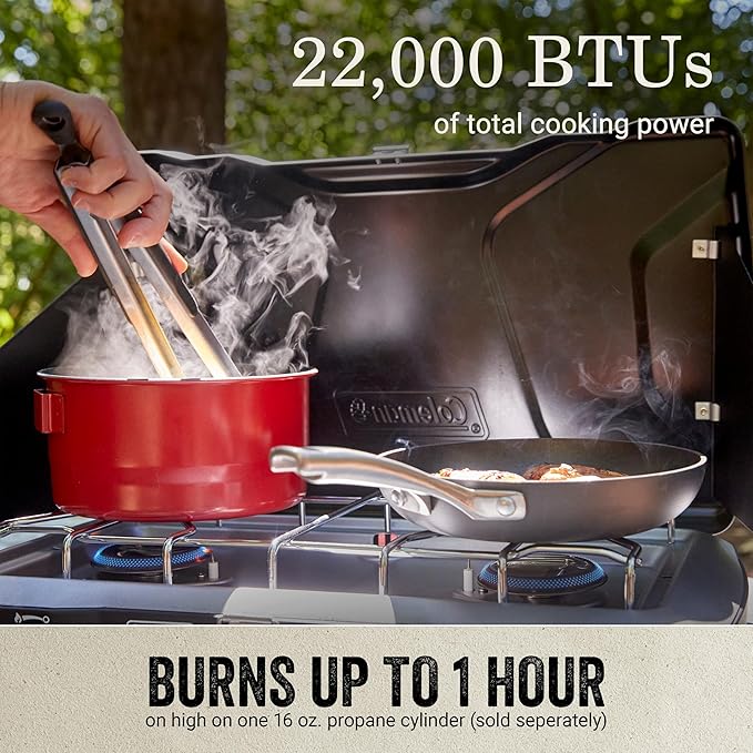 Coleman Triton+ 2-Burner Propane Camping Stove with InstaStart Ignition Portable Camping Cooktop with 2 Adjustable Burners &amp Wind Guards 22000 BTUs of Power for Camping Tailgating Grilling