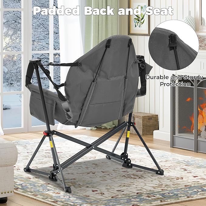 Ainfox Hammock Camping Chair Foldable Portable Rocking Chairs for Adults Outside Swinging Camp with Cup Holder Pillow for Outdoor Patio Lawn (Grey)
