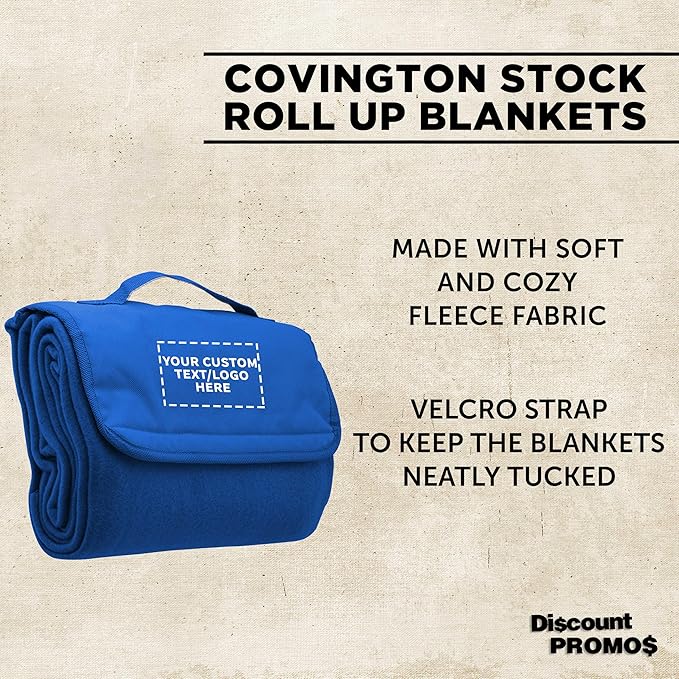 DISCOUNT PROMOS Custom Roll Up Picnic Blankets Set of 10/50/100 Personalized Bulk Pack Great for Camping Picnic Beach Sports Outdoor Activities - Blue