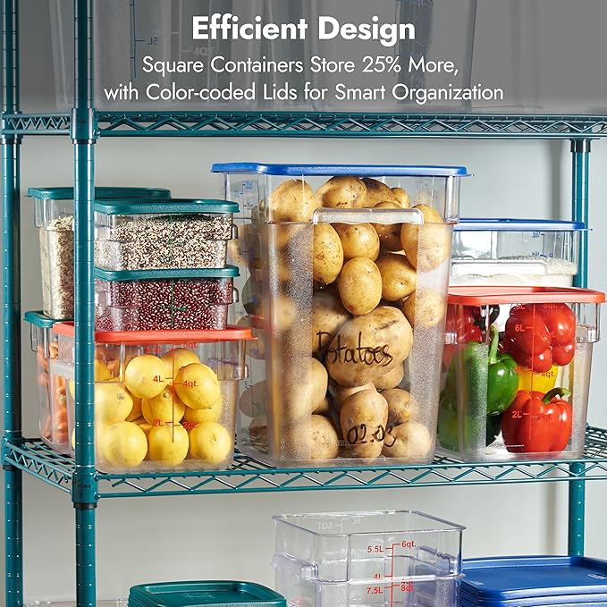 CURTA 4 Pack Food Storage Containers with Blue Lids - NSF Listed Commercial Grade in 22.0 Qt - Square Clear Polycarbonate