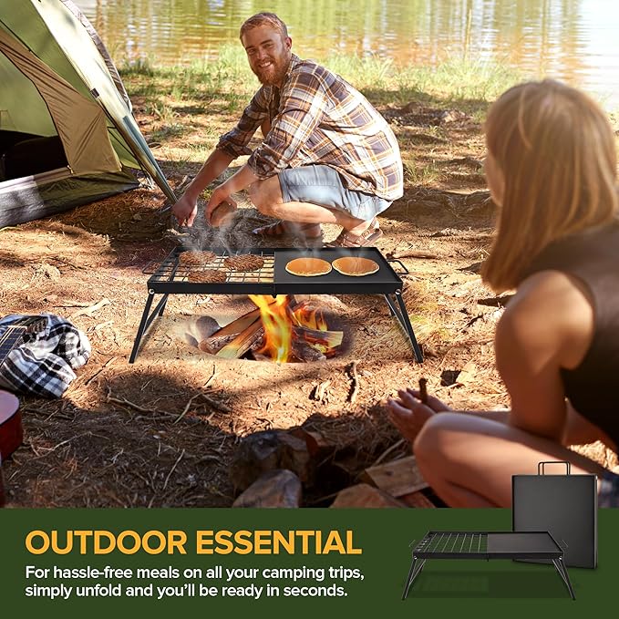 Carbon Steel Foldable Campfire Grill – Portable Grill Grate &amp Griddle with Large Non-Stick Surface Sturdy Fold-Out Legs Compact for Storage Use Over Fire Pit