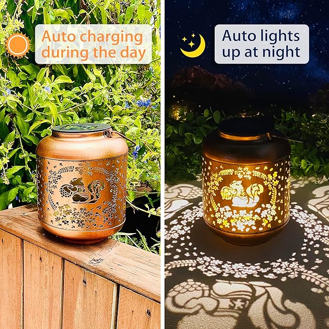 2 Pack Squirrel Solar Lanterns Outdoor Waterproof Hanging Solar Lights Squirrel Gifts for Women Men Metal Decorative LED Lanterns for Yard Patio Lawn Tabletop Pathway Landscape Garden Decor