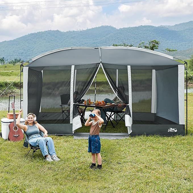 Screen House Tent 13x9ft Screen Room Mesh Gazebos w/ 2 Magnetic Doors Included Projection Screen Camping Tent Screened Canopy Shelter for Outdoor Patios Backyards Activities (Gray)