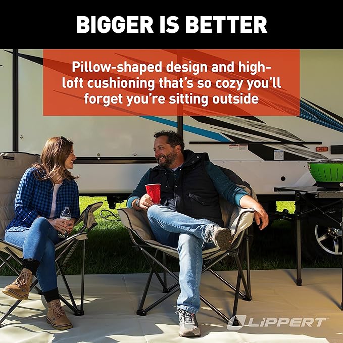 Lippert Big Bear Duotone Camping Chair - Sand with Dark Grey Accent Comfortable Round Shape Oversized Pillow Cushions Powder Coated Steel 600D Polyester Fabric 300 lb. Capacity 2022114816