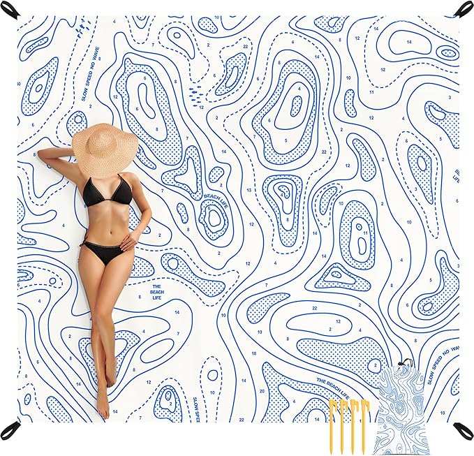 110''×118'' Oversized Beach Blanket for 4-8 Adults White Waterproof Sandproof Picnic Blanket Lightweight Foldable Sand Free Outdoor Mat w/ 4 Stakes &amp Portable Carry Bag for Travel Camping Hiki