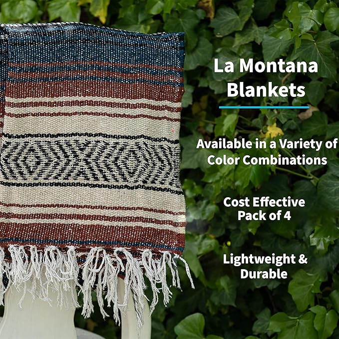 La Montana Mexican Blankets and Throws 4 Pack 74x50 - Made in Mexico Lightweight Yoga Blanket for Schools Studios Outdoors Camping Picnic Decor - Machine Washable Terracotta/Teal/Tan