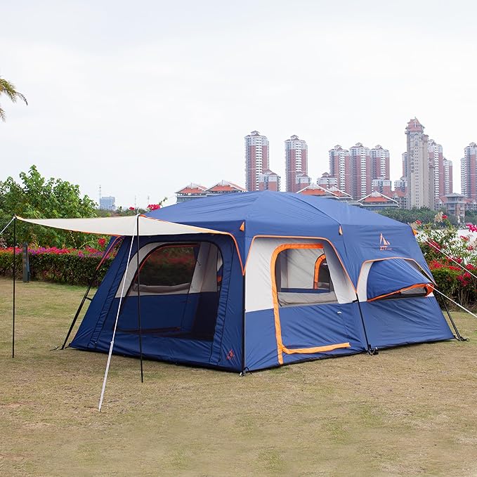 KTT Extra Large Tent 10-12-14 Person(A)Family Cabin Tents2 Rooms3 Doors and 3 Windows with MeshStraight WallWaterproofDouble LayerBig Tent for OutdoorPicnicCampingFamily Gathering