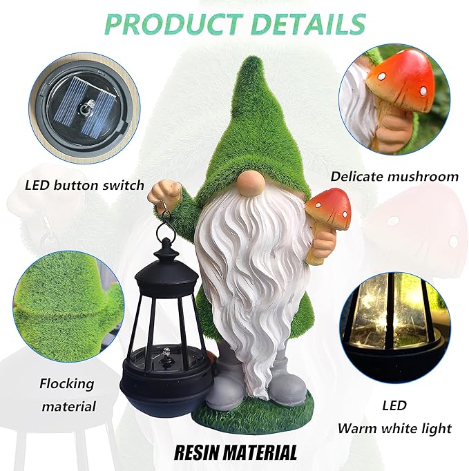 Gnomes Solar Garden StatuesResin Gnome Figurine Decorations Holding Mushroom and Solar Lights Lantern Outdoor Figurines Lawn Garden Statue Decor Art for LawnYard Balcony Ornament.