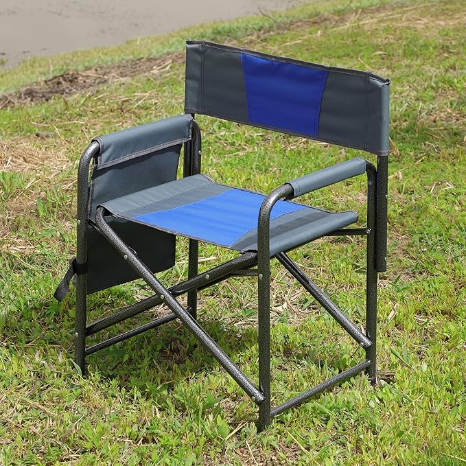 Lightweight Oversized Outdoor ChairPadded Folding Chairwith Side Table and Storage Pockets for IndoorOutdoor CampingPicnicsFishingBlue+Grey