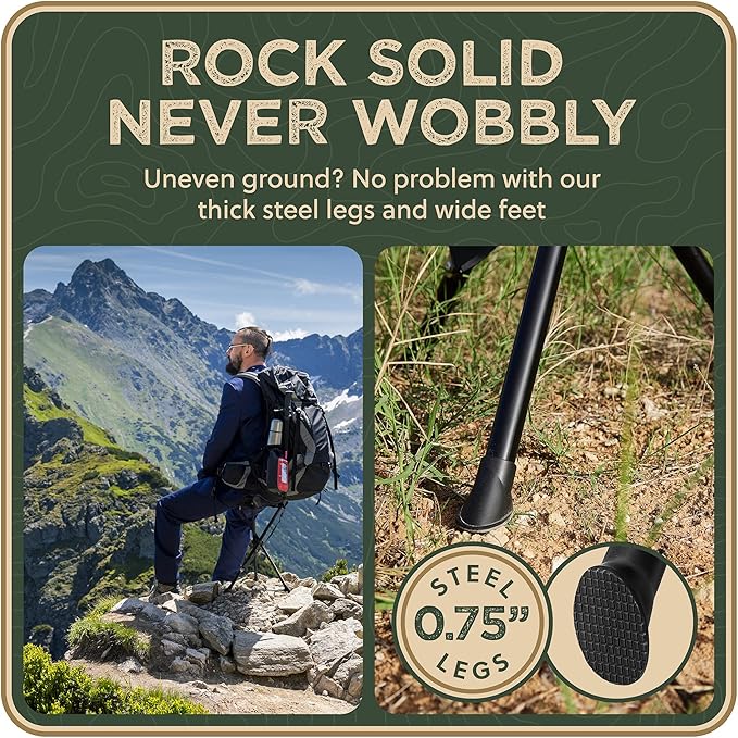 Foldable Tripod Stool - Ultra Portable Seat for Tall People 20” High - Hunting Chair &amp Hidden Zippered Pocket - 2 lb Camping Stool 3 Legged Strong Steel Stool Holds up to 200 lb (Black)