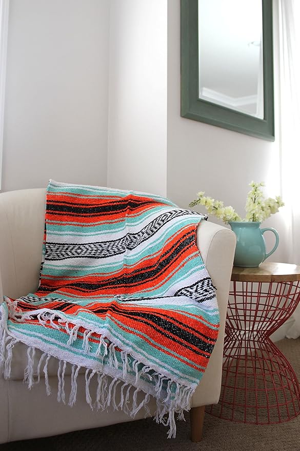 Del Mex Classic Mexican Blanket Large Authentic Woven Falsa Throw (70x50) Artisan Southwest Décor for Beach Yoga Outdoors (Mint/Orange)
