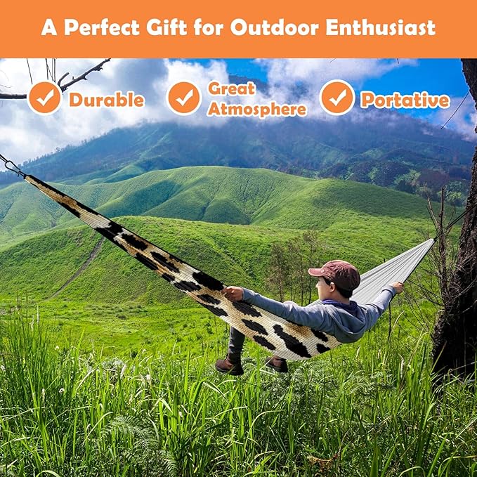 Outdoor Camping Hammock Leopard Print Camouflage Color Double Single Hammocks with 2 Tree Straps Lightweight Portable Yet Heavy Duty Nylon Hammocks Travel Beach Backyard Patio Hiking
