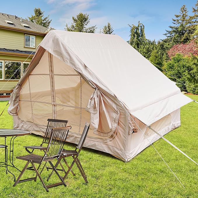 Inflatable Camping Tent 4-6 Person 5Min Quick Setup with Hand Pump 4 Season Waterproof Windproof Oxford Air Tent Mesh Windows Spacious Glamping Tent for Family Outdoor Camping