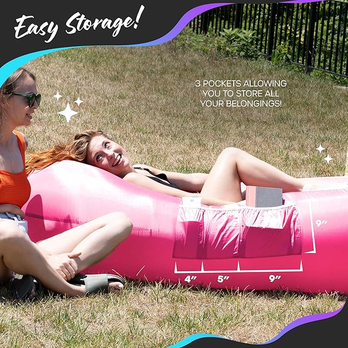Nevlers 450Lbs Cap Outdoor Inflatable Couch for Camping in Pink | Tough 210T Polyester Air Chair Inflatable Lounger | Inflatable Chairs for Movie Night Hiking Travel Beach Chair &amp Portable Hammo