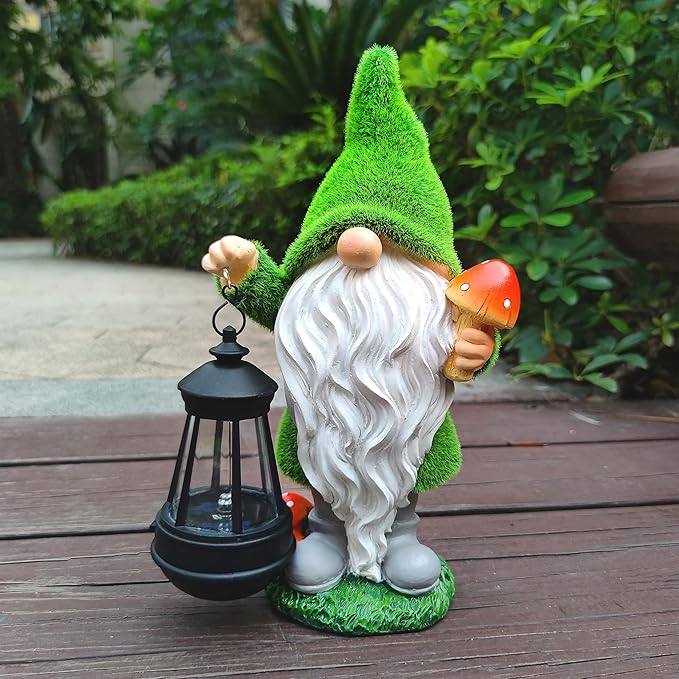 Gnomes Solar Garden StatuesResin Gnome Figurine Decorations Holding Mushroom and Solar Lights Lantern Outdoor Figurines Lawn Garden Statue Decor Art for LawnYard Balcony Ornament.
