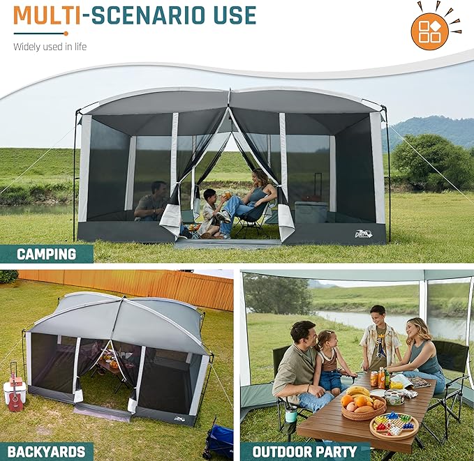 Screen House Tent 13x9ft Screen Room Mesh Gazebos w/ 2 Magnetic Doors Included Projection Screen Camping Tent Screened Canopy Shelter for Outdoor Patios Backyards Activities (Gray)