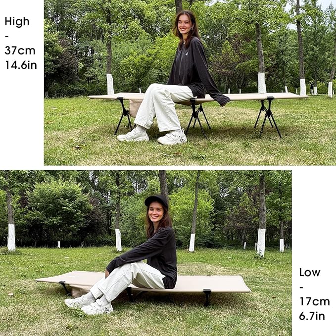 CAMPNACHT Ultralight Camping Cot with Leg Extenders Aluminum Lightweight Folding Cot for Adults Portable Backpacking Compact Tent Cot for Outdoor Hiking 1 Pack with 2 Use Modes Khaki