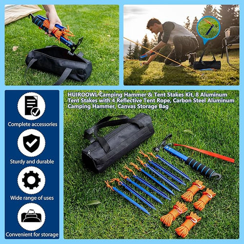14 Pcs Camping Kit Aluminum Tent Stakes(8Pcs) with Reflective Camping Rope(4Pcs) Camping Hammer(1Pcs) Storage Bag(1Pcs) Suitable for Tent Camping Hiking and Outdoor Adventures